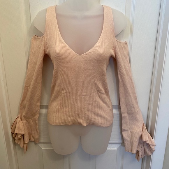 Express Cold Shoulder Ruffle Long Sleeve Sweater - Picture 2 of 11